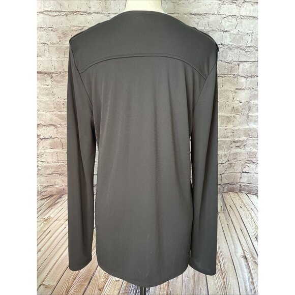 Ann Taylor Womens Sz L Black Long Sleeve Blouse Gold Bar Accent  Shoulder Detail - Picture 4 of 5